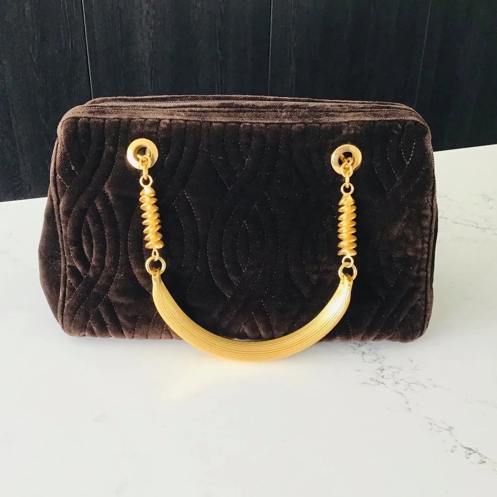 FENDI rare vintage handbag brown quilted velvet with gold handles - Picture 4 of 16